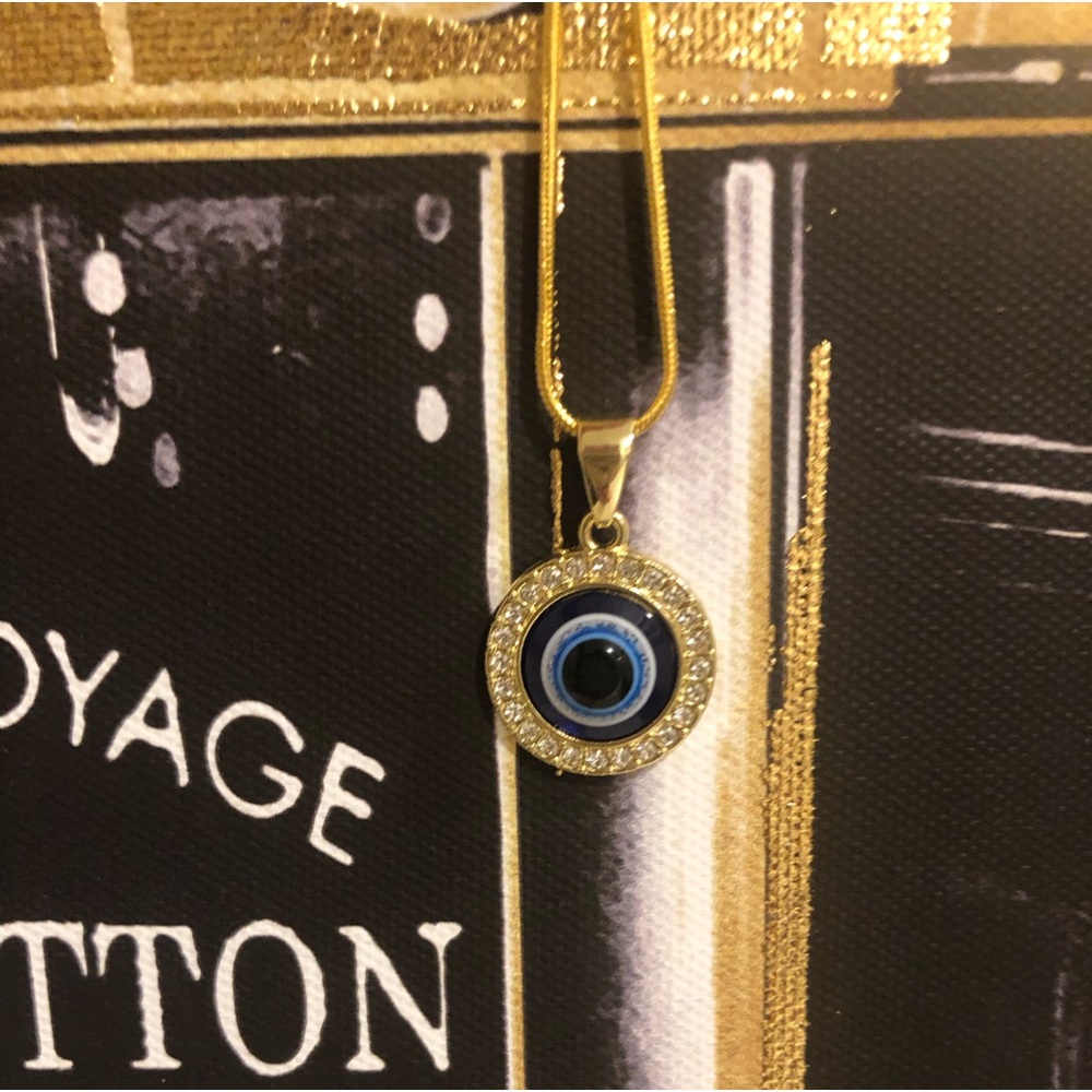 Lux GREEK Evil Eye Pendant Necklace (Blue, Gold, Rhinestones) New!